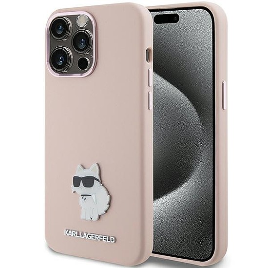 Karl Lagerfeld Silicone Choupette fém tűs tok iPhone 15 Pro-hoz - rózsaszín