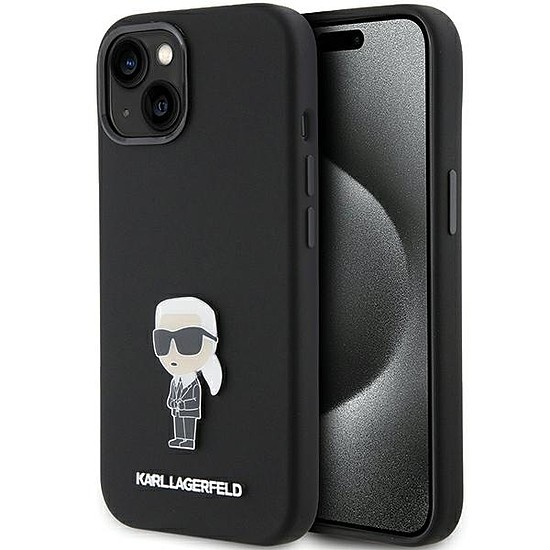 Karl Lagerfeld szilikon Ikonik fém tűs tok iPhone 15-höz - fekete