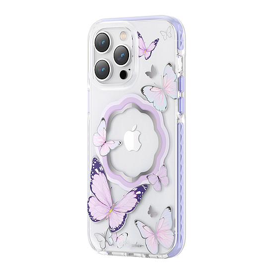 Kingxbar Butterfly Series mágneses tok iPhone 14 Plus MagSafe tokhoz pillangós lilával