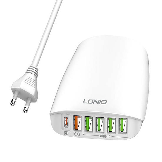 LDNIO A6573C EU 5USB, USB-C 65W Fali töltő + tápkábel (A6573C Power Cord)