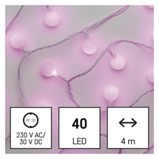 LED fényfüzér, cseresznye - golyók 2,5 cm, 4 m, kültéri és beltéri, rózsaszínű, időzítő (D5AP01)