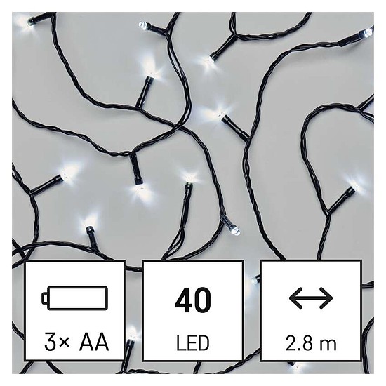 LED karácsonyi fényfüzér, 2,8 m, 3x AA, kültéri és beltéri, hideg fehér, időzítő (D4FC01)