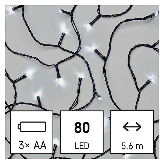 LED karácsonyi fényfüzér, 5,6 m, 3x AA, kültéri és beltéri, hideg fehér, időzítő (D4FC02)