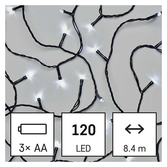 LED karácsonyi fényfüzér, 8,4 m, 3x AA, kültéri és beltéri, hideg fehér, időzítő (D4FC03)