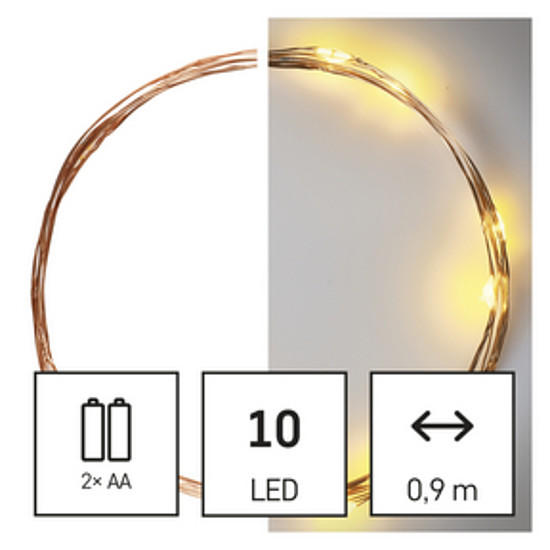 LED karácsonyi nano fényfüzér, réz, 0,9 m, 2x AA, beltéri, meleg fehér, időzítő (D3AW06)