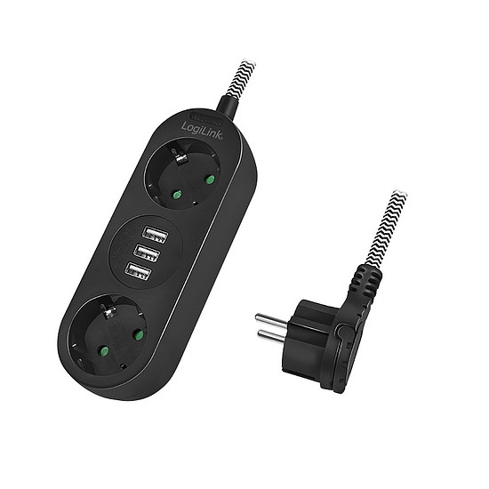 Logilink Outlet Strip, 3 safety sockets, w/ 3x USB Port, w/ textile cable, black (LPS262U)