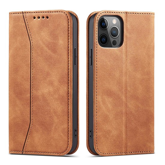 Mágneses díszes tok iPhone 12 Pro Pouch Card pénztárca kártyaállványhoz, barna