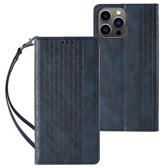 Mágnespántos tok iPhone 14 Flip Wallet Mini zsinóros állványhoz, kék