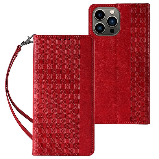 Mágnespántos tok iPhone 14 Flip Wallet Mini zsinóros állványhoz, piros