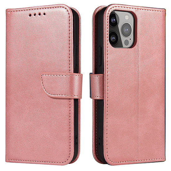 Magnet Case elegáns könyvespolc típusú tok támasztékkal iPhone 13 Pro Max rózsaszín telefonhoz