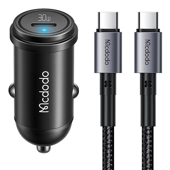 McDodo CC-7493 autós töltő kijelzővel, USB-C, 5A, 65 W + USB-C kábel 1 m 100 W fekete