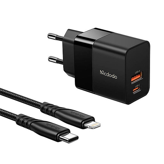 Mcdodo CH-1952 USB + USB-C fali töltő 20 W + USB-C - Lightning kábel fekete