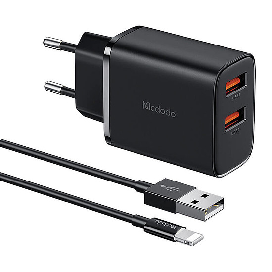 Mcdodo CH-5071 USB-A*2, 12 W-os hálózati töltő + USB-A villámkábel fekete