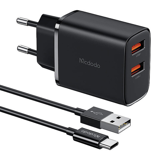 Mcdodo CH-5072 USB-A*2, 12 W-os töltő + USB-A-USB-C kábel fekete