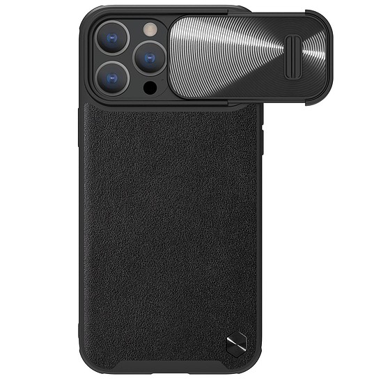 Nillkin CamShield Leather S Case iPhone 14 Pro Max borítás fekete kameraburkolattal