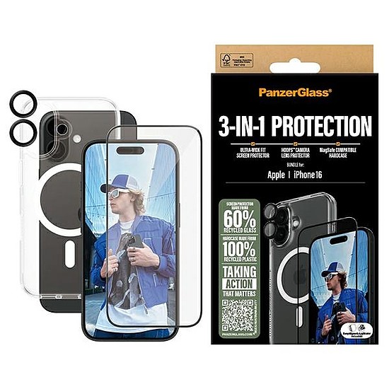 PanzerGlass Bundle 3 az 1-ben iPhone 16 6,1" D3O keménytok + kijelzővédő fólia UWF+ objektív B1291+2861+1283