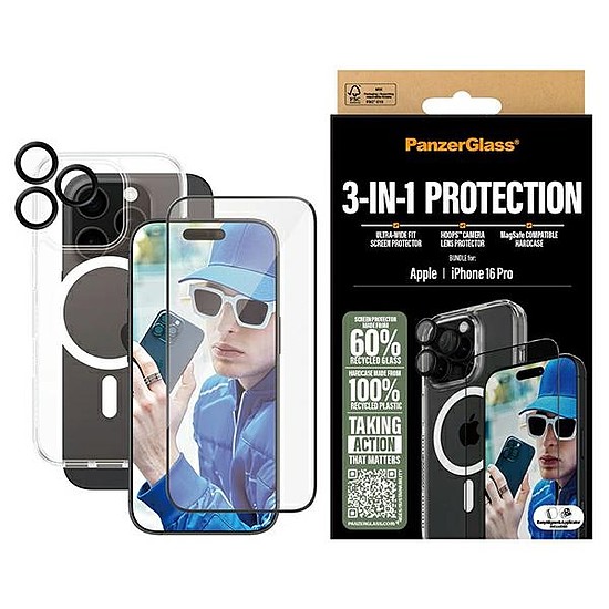 PanzerGlass Bundle 3 az 1-ben iPhone 16 Pro 6,3" D3O kemény tok + képernyővédő fólia UWF+ objektív B1292+2862+1284