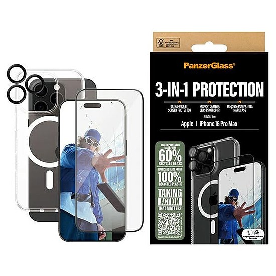 PanzerGlass Bundle 3 az 1-ben iPhone 16 Pro Max 6,9" D3O kemény tok + képernyővédő fólia UWF+ objektív B1294+2864+1284