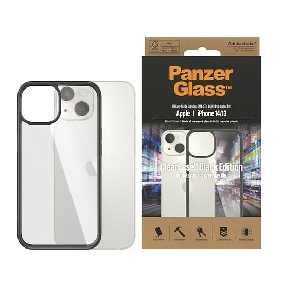 PanzerGlass ClearCase antibakteriális tok iPhone 14/15/13 telefonhoz - átlátszó és fekete