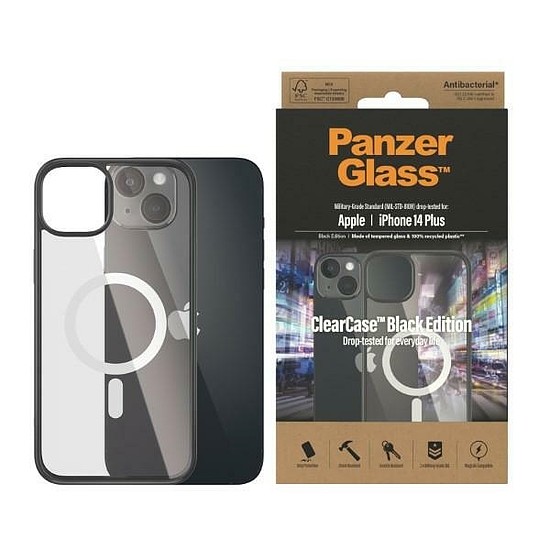 PanzerGlass ClearCase tok MagSafe antibakteriális anyaggal iPhone 14 Plus / 15 Plus készülékhez - átlátszó és fekete