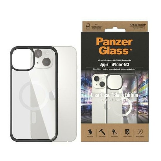 PanzerGlass ClearCase tok MagSafe antibakteriális anyaggal iPhone 14/15/13-hoz - átlátszó és fekete