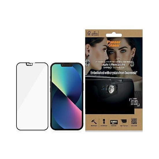 PanzerGlass E2E Microfracture antibakteriális üveg Swarovsky Crystal kameraburkolattal iPhone 13/13 Pro készülékhez - fekete kerettel