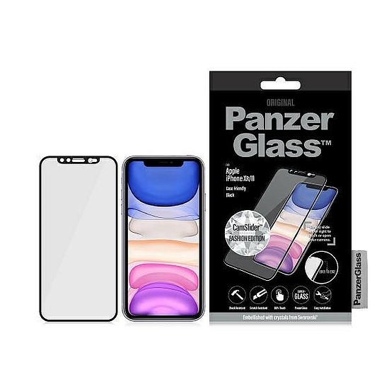 PanzerGlass E2E Super+ edzett üveg kamerafedéllel Swarovsky kristállyal iPhone XR / 11-hez - fekete kerettel