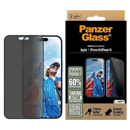 PanzerGlass Privacy képernyővédő fólia iPhone 16 6,1" Ultra-Wide Fit P2861