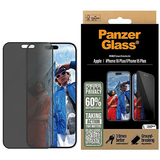 PanzerGlass Privacy képernyővédő fólia iPhone 16 Plus 6,7" Ultra-Wide Fit P2863