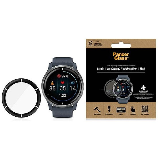 PanzerGlass SmartWatch képernyővédelem Garmin Venu 2 / Venu 2 Plus / Vivoactive 4 okosórákhoz - fekete kerettel