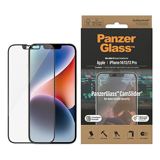 PanzerGlass Ultra-Wide Fit antibakteriális edzett üveg kamerafedéllel és pozícionálóval iPhone 14/13/13 Pro készülékhez