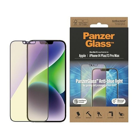 PanzerGlass Ultra-Wide Fit antibakteriális edzett üveg kék fényszűrővel és pozicionálóval iPhone 14 Plus / 13 Pro Max készülékekhez