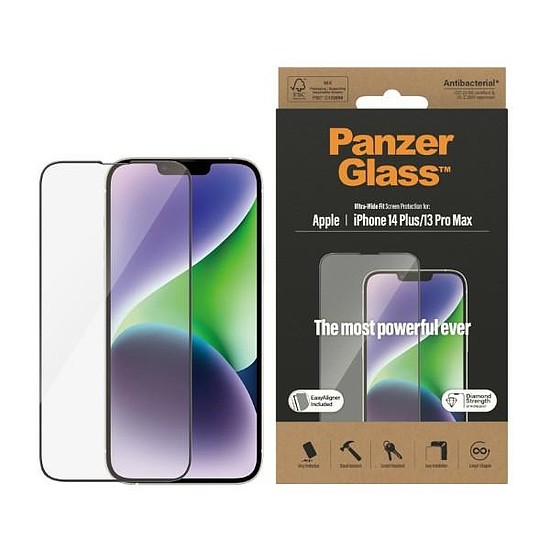 PanzerGlass Ultra-Wide Fit antibakteriális edzett üveg pozícionálóval iPhone 14 Plus / 13 Pro Max készülékekhez