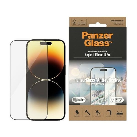 PanzerGlass Ultra-Wide Fit antibakteriális edzett üveg tükröződésszűrővel és pozicionálóval iPhone 14 Pro készülékhez