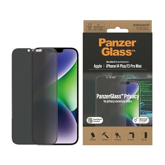 PanzerGlass Ultra-Wide Fit edzett üveg antibakteriális adatvédelem pozícionálóval iPhone 14 Plus / 13 Pro Max készülékekhez