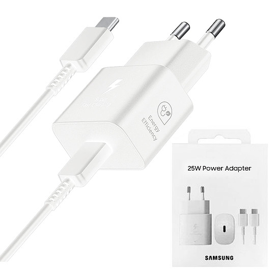 Samsung - Eredeti fali töltő T2510 (EP-T2510XWEGEU) - Type-C 25W, szupergyors töltés USB-C kábellel - fehér (buborékcsomagolás)