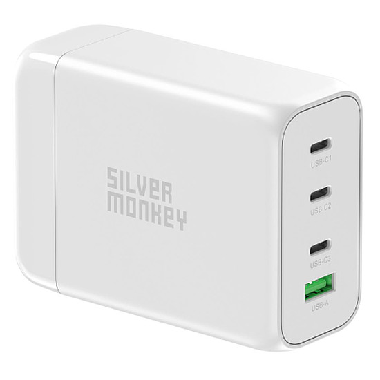 Silver Monkey SMA152 130W GaN töltő 3xUSB-C PD USB-A QC 3.0 levehető tápkábellel - fehér