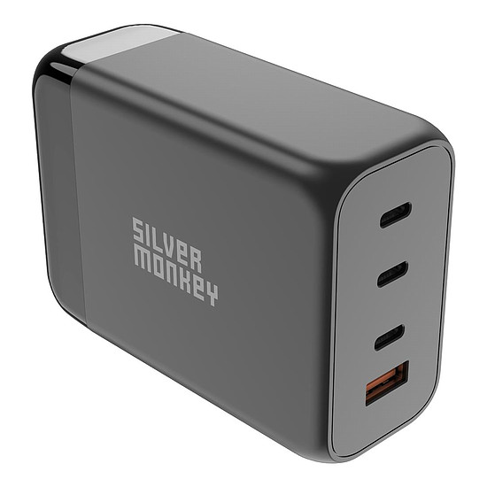 Silver Monkey SMA155 200W GaN töltő 3xUSB-C PD USB-A QC 3.0 levehető tápkábellel - fekete