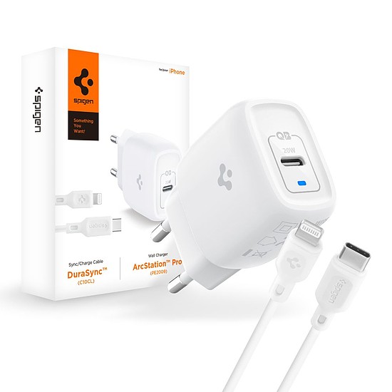 Spigen - Fali töltő (PE2C10CL) - C típusú gyorstöltés, PD 20 W, Type-C kábellel Lightningig - fehér (KF2311904)