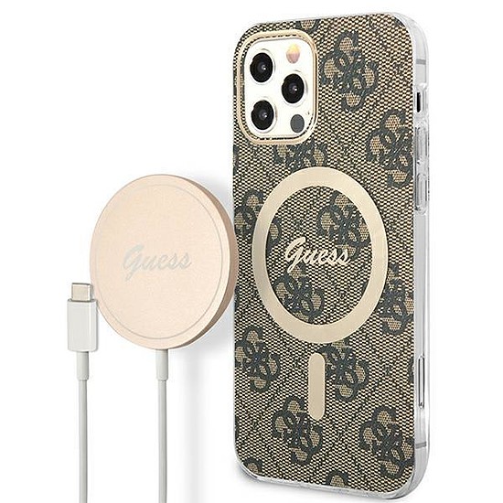 Szett Guess GUBPP12MH4EACSW Case+ Töltő iPhone 12/12 Pro barna/barna kemény tok 4G Print MagSafe