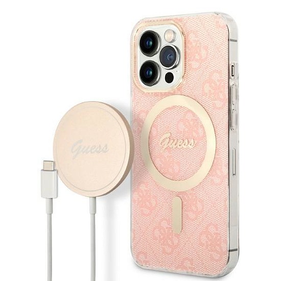 Szett Guess GUBPP13LH4EACSP Case+ Töltő iPhone 13 Pro rózsaszín/rózsaszín kemény tok 4G Print MagSafe