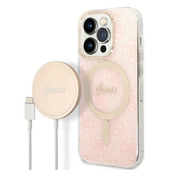 Szett Guess GUBPP14LH4EACSP Case+ Töltő iPhone 14 Pro 6.1" rózsaszín/rózsaszín kemény tok 4G Print MagSafe