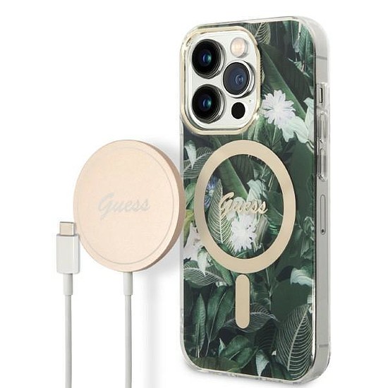 Szett Guess GUBPP14LHJEACSA tok+ Töltő iPhone 14 Pro 6.1" zöld/zöld kemény tok Jungle MagSafe