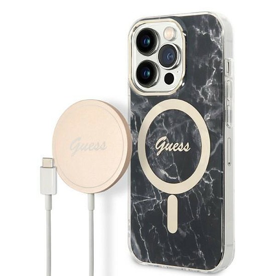 Szett Guess GUBPP14LHMEACSK Case+ Töltő iPhone 14 Pro 6.1" fekete/fekete kemény tok Marble MagSafe