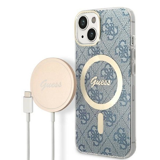 Szett Guess GUBPP14MH4EACSB tok+ Töltő iPhone 14 Plus 6.7" kék/kék kemény tok 4G Print MagSafe