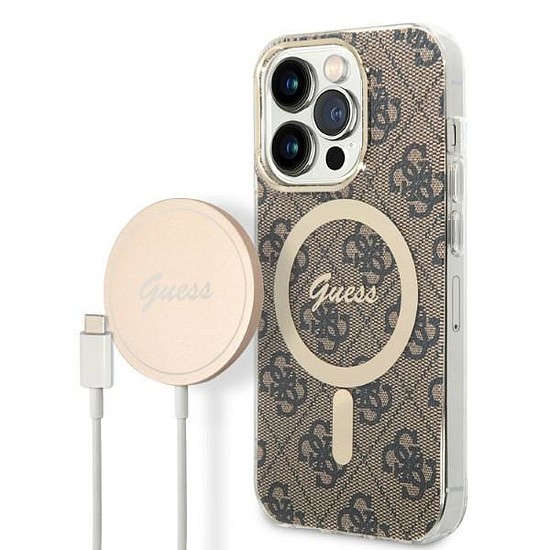 Szett Guess GUBPP14XH4EACSW Case+ Töltő iPhone 14 Pro Max 6.7" barna/barna kemény tok 4G Print MagSafe