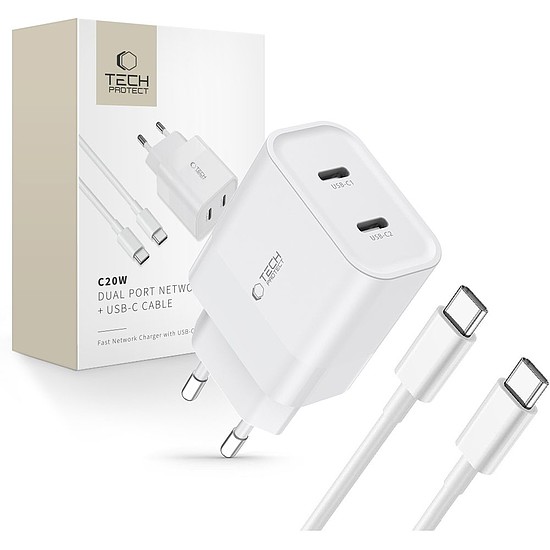 Tech-Protect C20W 2x USB-C PD 20W töltő USB-C / USB-C kábellel - fehér