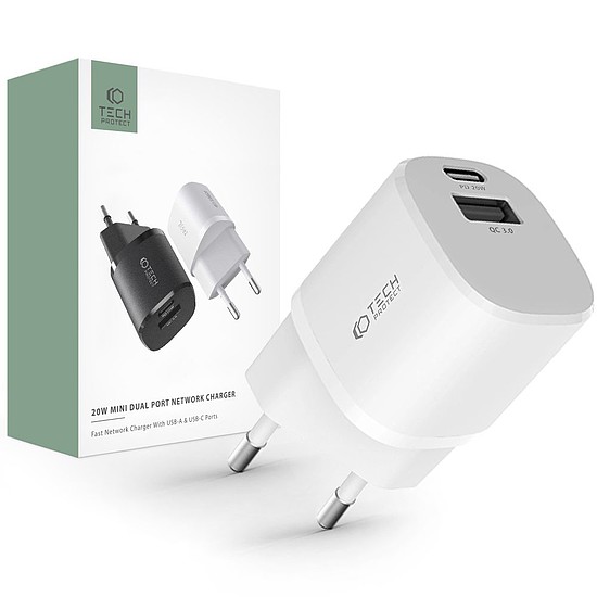 Tech-Protect C20W töltő mini USB-C PD 20W / USB-A QC 3.0 - fehér