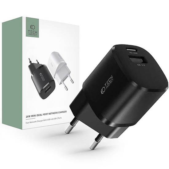 Tech-Protect C20W töltő mini USB-C PD 20W / USB-A QC 3.0 - fekete