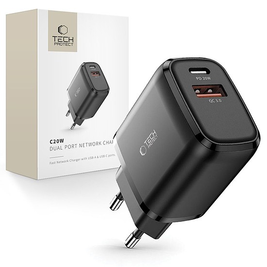 Tech-Protect C20W töltő USB-C PD 20W / USB-A QC 3.0 - Fekete